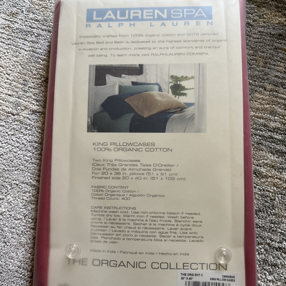 Ralph Lauren Spa Organic King Pillowcases 400 Cinnabar 2 Cases Orig 100.00 New - Picture 3 of 4
